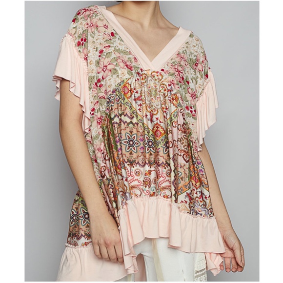 POL Floral Print Long Sleeve Lace Shirt with Front Pocket main image 1